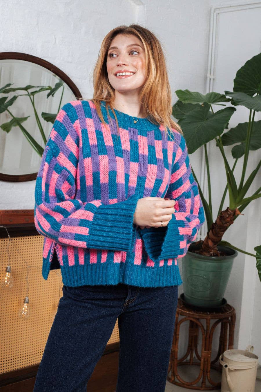 Charlotte Geometric Pattern Wide Sleeve Knit Jumper - Teal