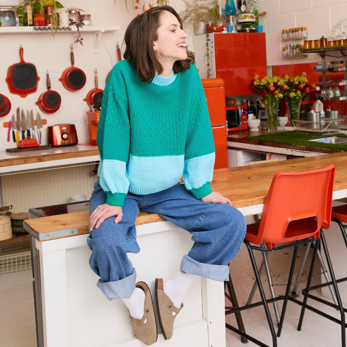 Taz Recycled Cotton Mix Two Tone Jumper - Green Knitwear