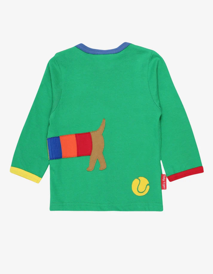 Toby Tiger Sausage Dog Appliqué Green Long Sleeve T-shirt