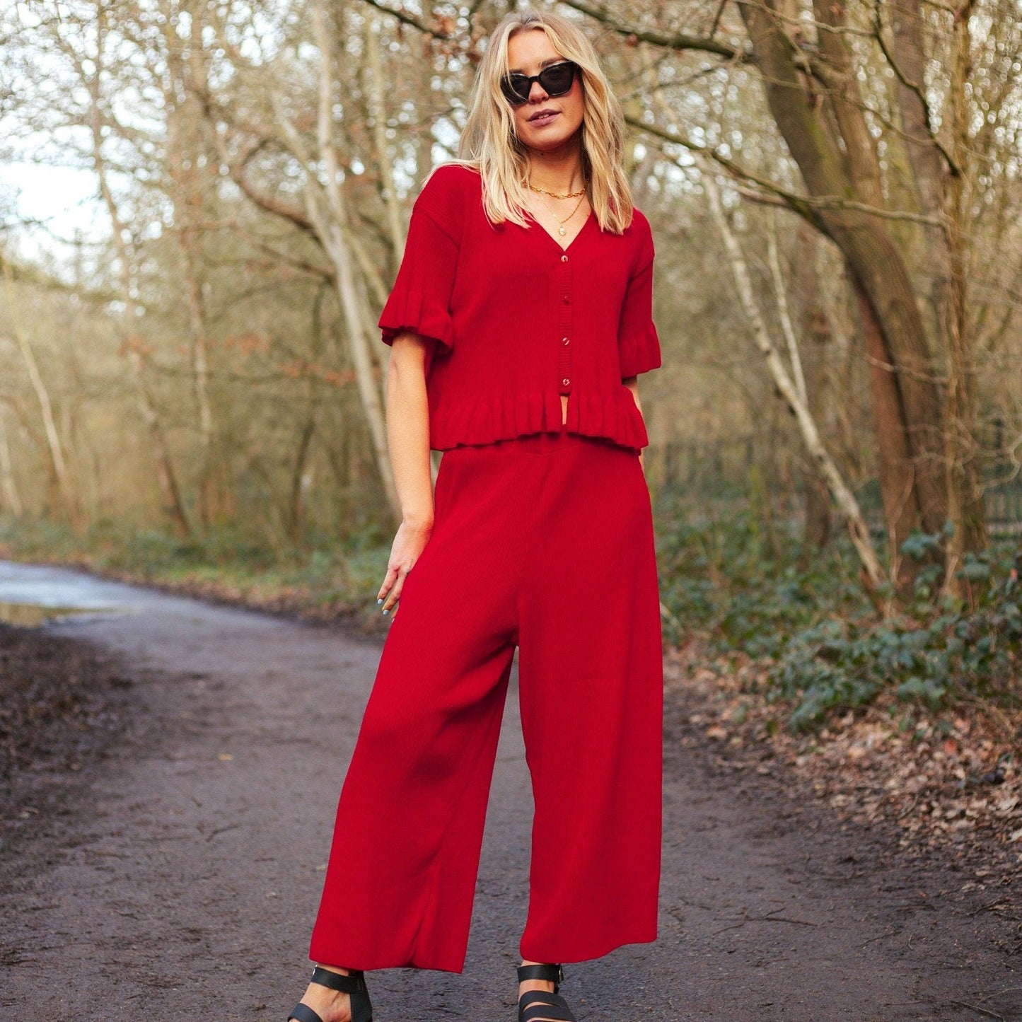 Marlow Ruffle Summer Co-Ord Cardigan - Red | Knitwear