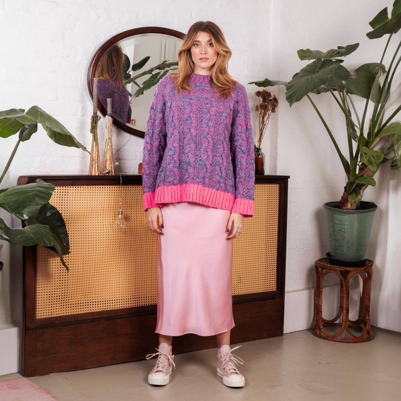 Jennie Cable High Neck Balloon Sleeve Jumper - Denim