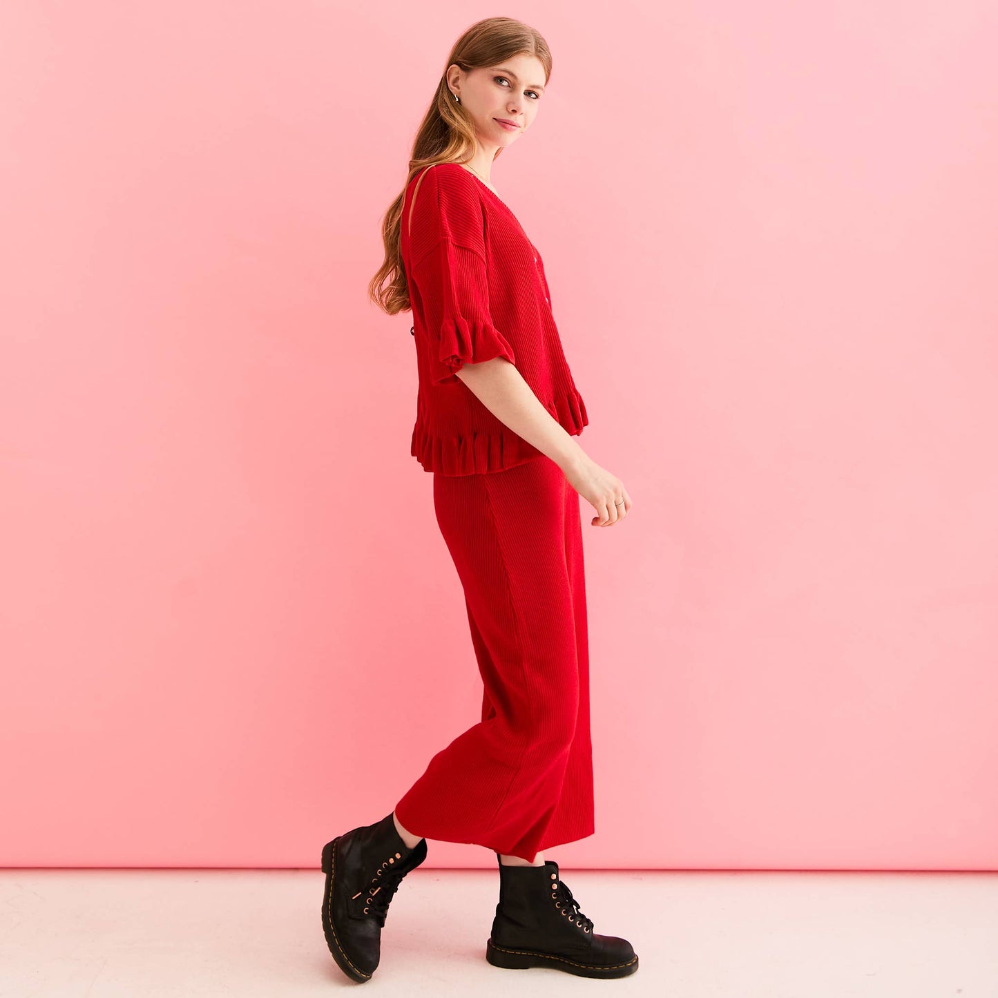 Marlow Ruffle Summer Co-Ord Cardigan - Red | Knitwear