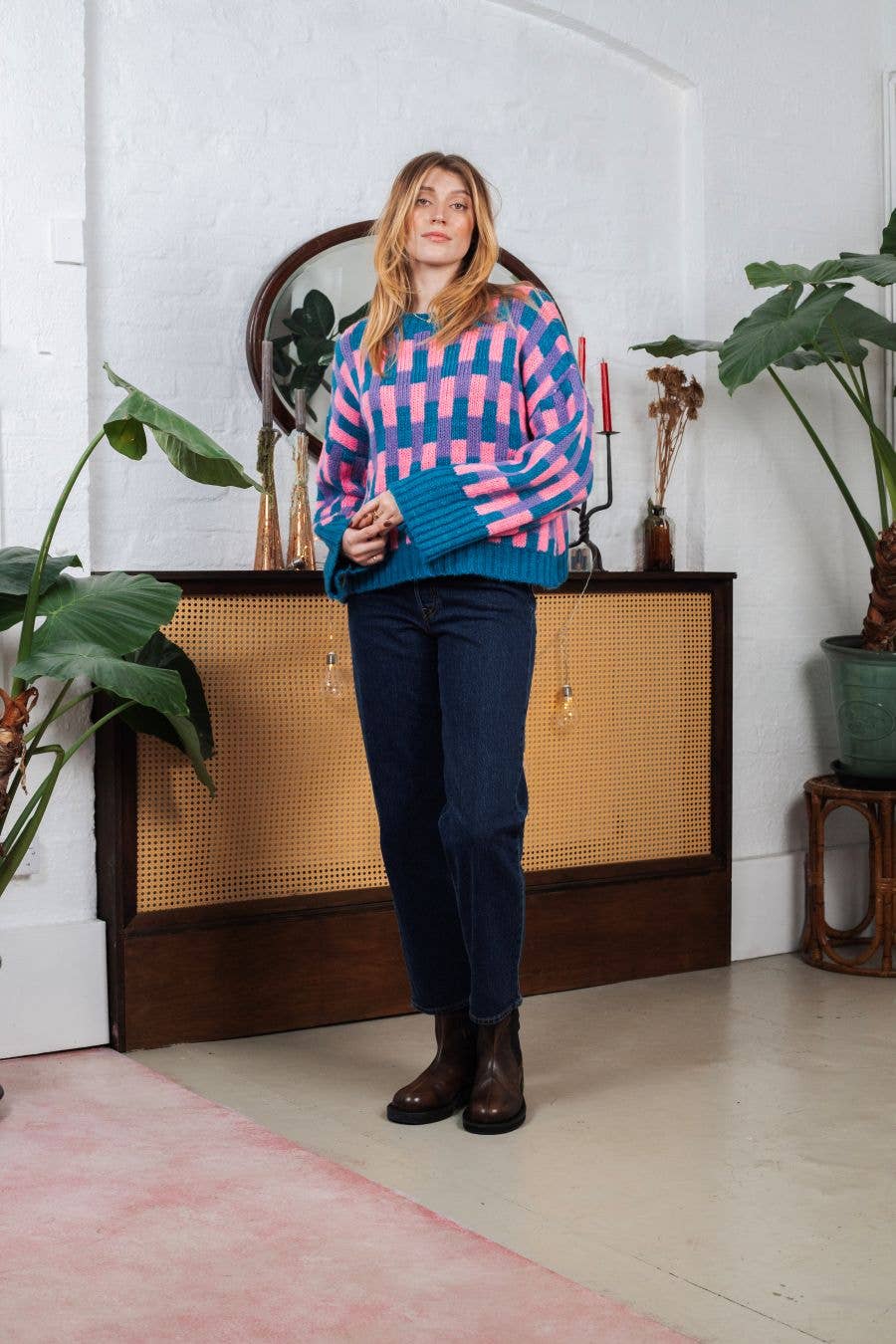 Charlotte Geometric Pattern Wide Sleeve Knit Jumper - Teal