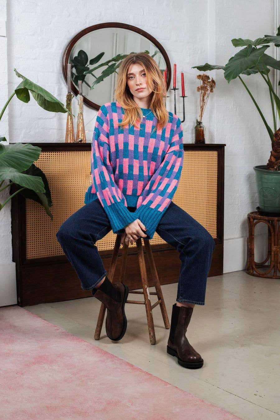 Charlotte Geometric Pattern Wide Sleeve Knit Jumper - Teal