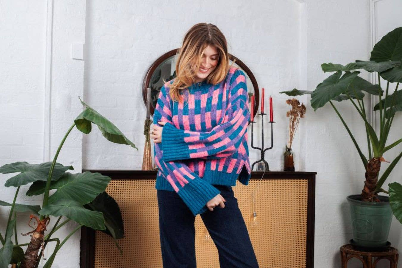 Charlotte Geometric Pattern Wide Sleeve Knit Jumper - Teal