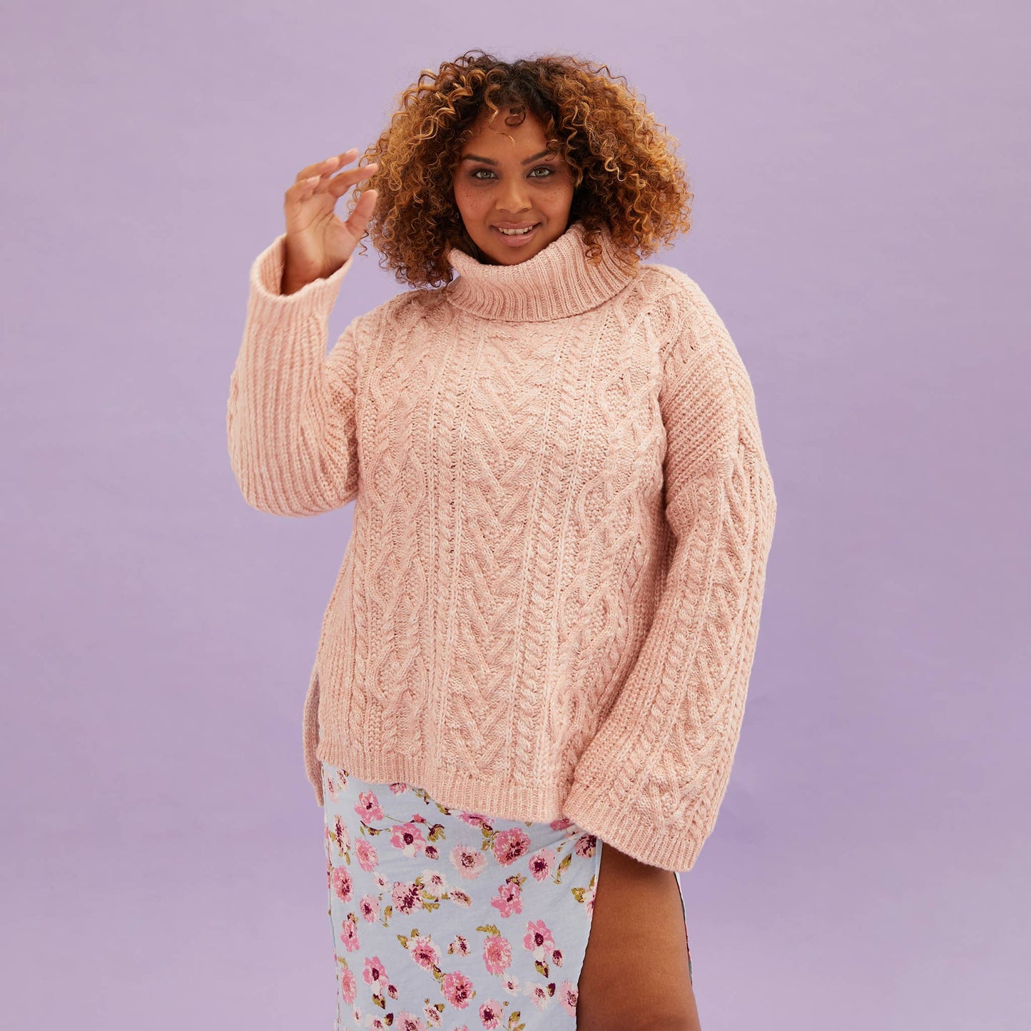 Emily Cable Roll Neck Sweater - Dusky Pink