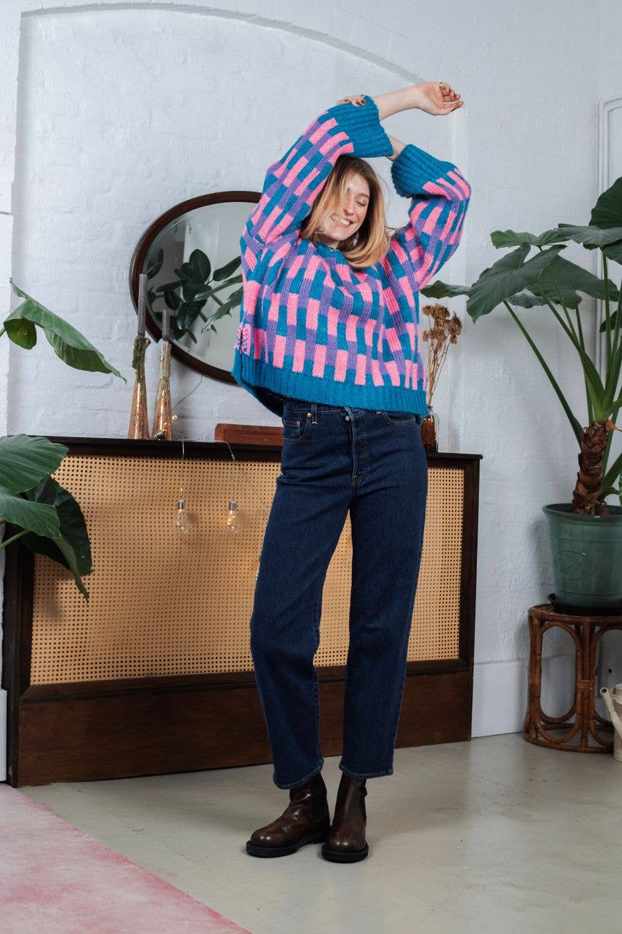 Charlotte Geometric Pattern Wide Sleeve Knit Jumper - Teal