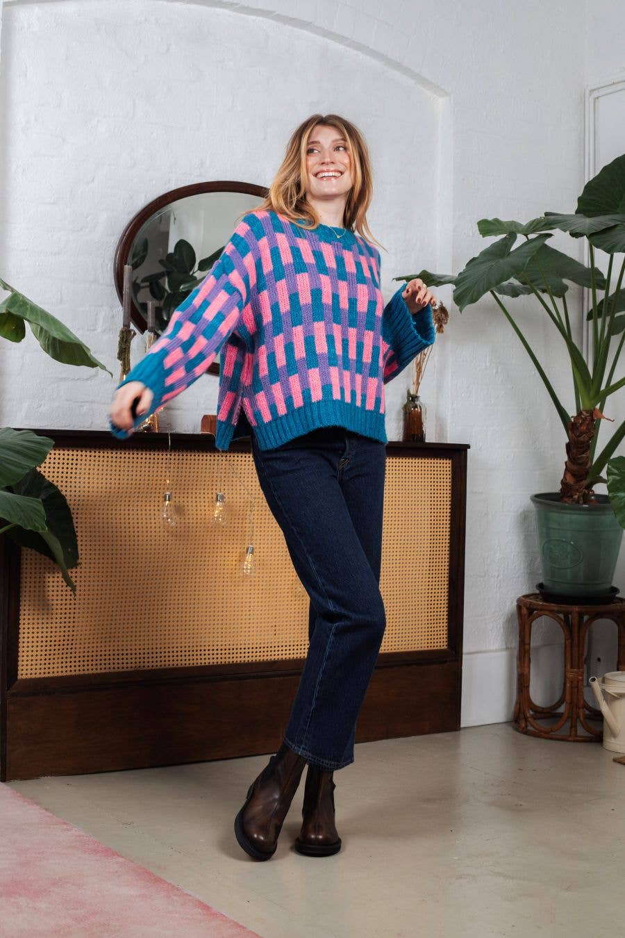 Charlotte Geometric Pattern Wide Sleeve Knit Jumper - Teal