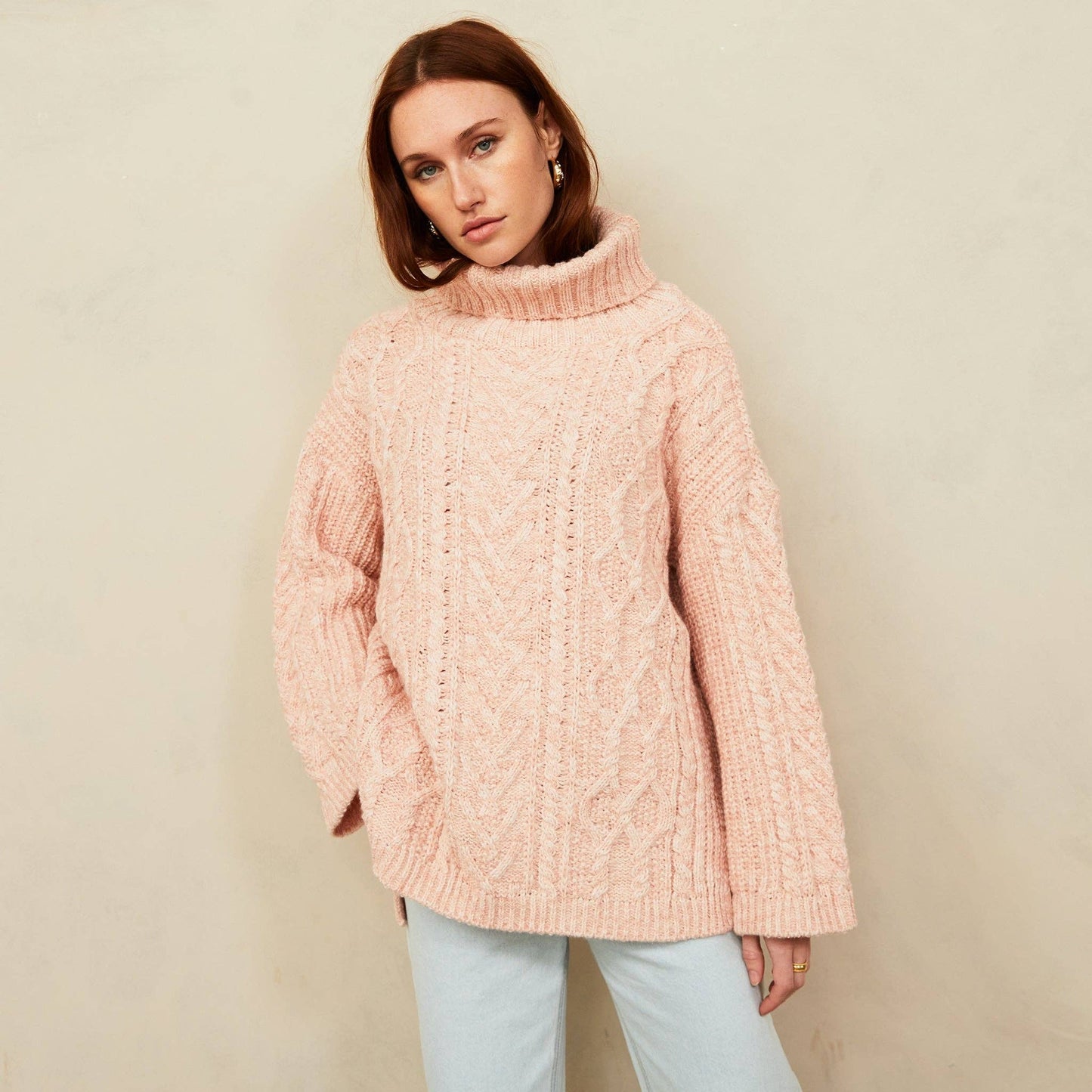 Emily Cable Roll Neck Sweater - Dusky Pink