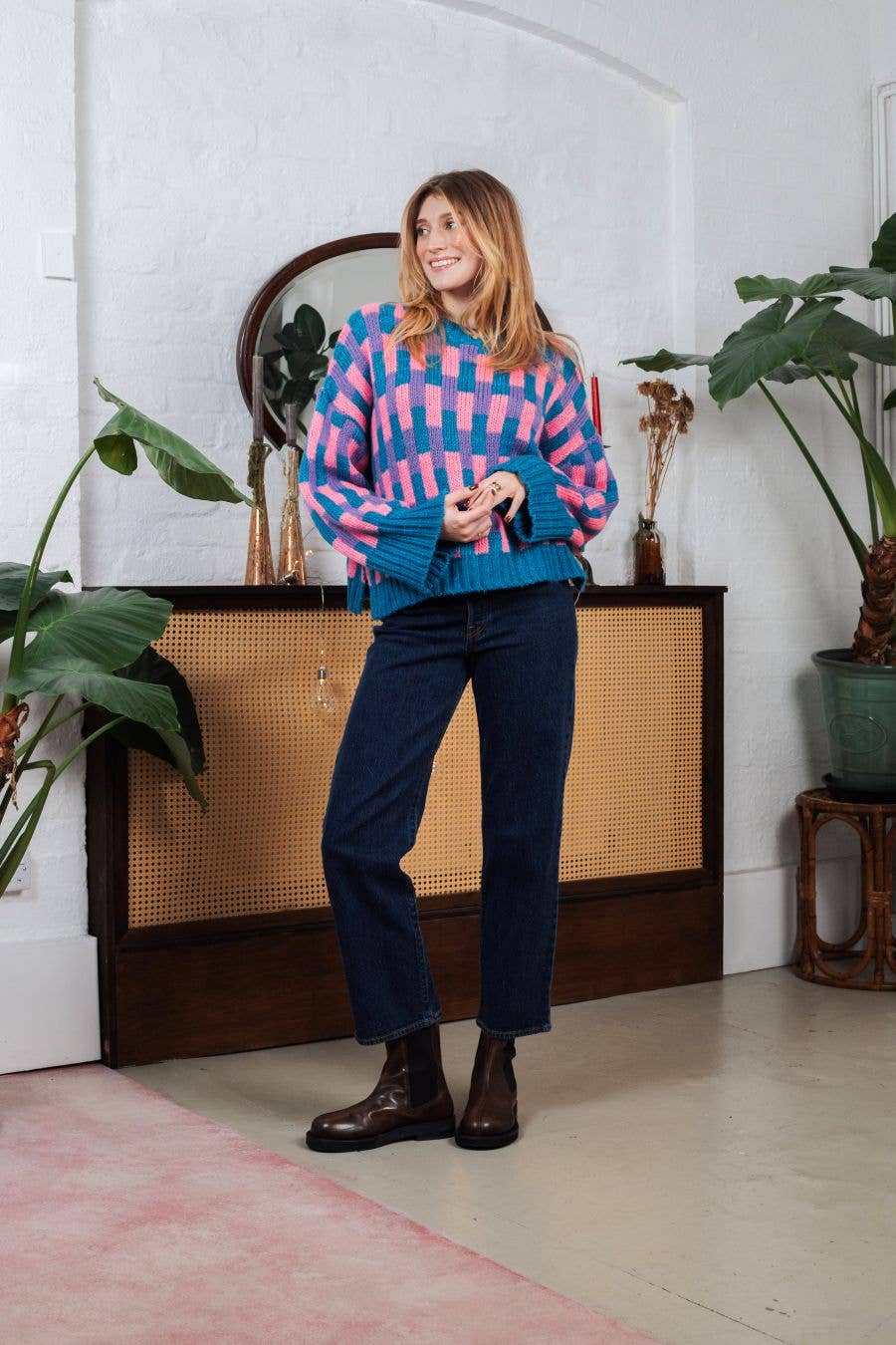 Charlotte Geometric Pattern Wide Sleeve Knit Jumper - Teal