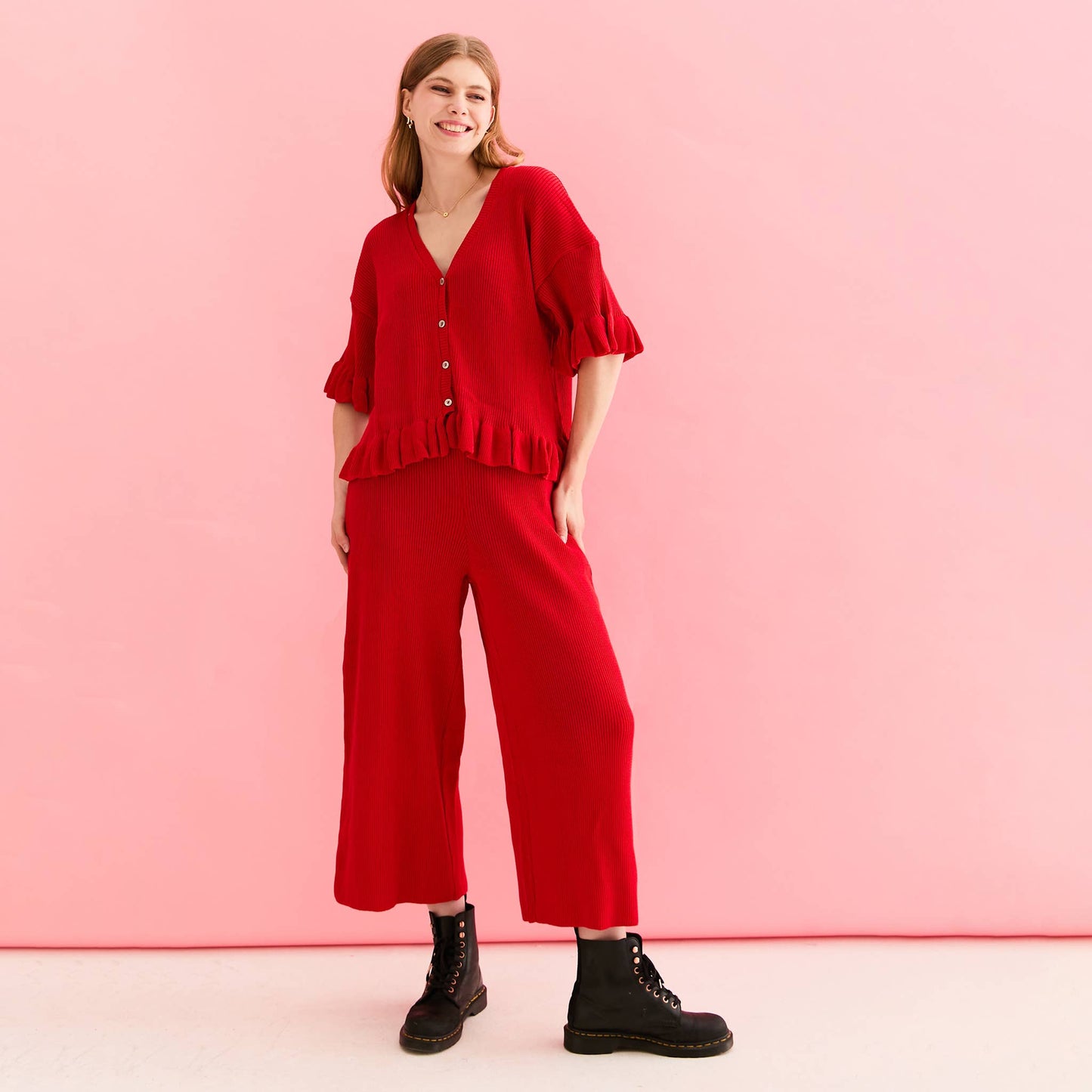 Marlow Ruffle Summer Co-Ord Cardigan - Red | Knitwear