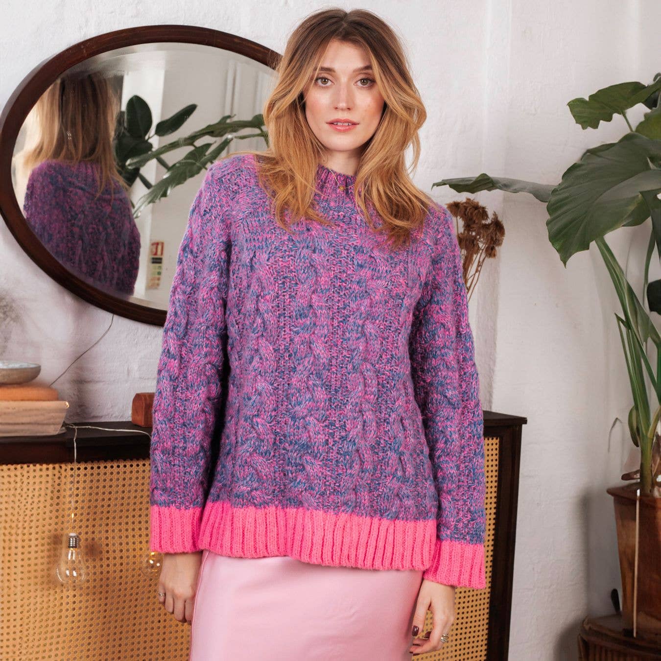 Jennie Cable High Neck Balloon Sleeve Jumper - Denim