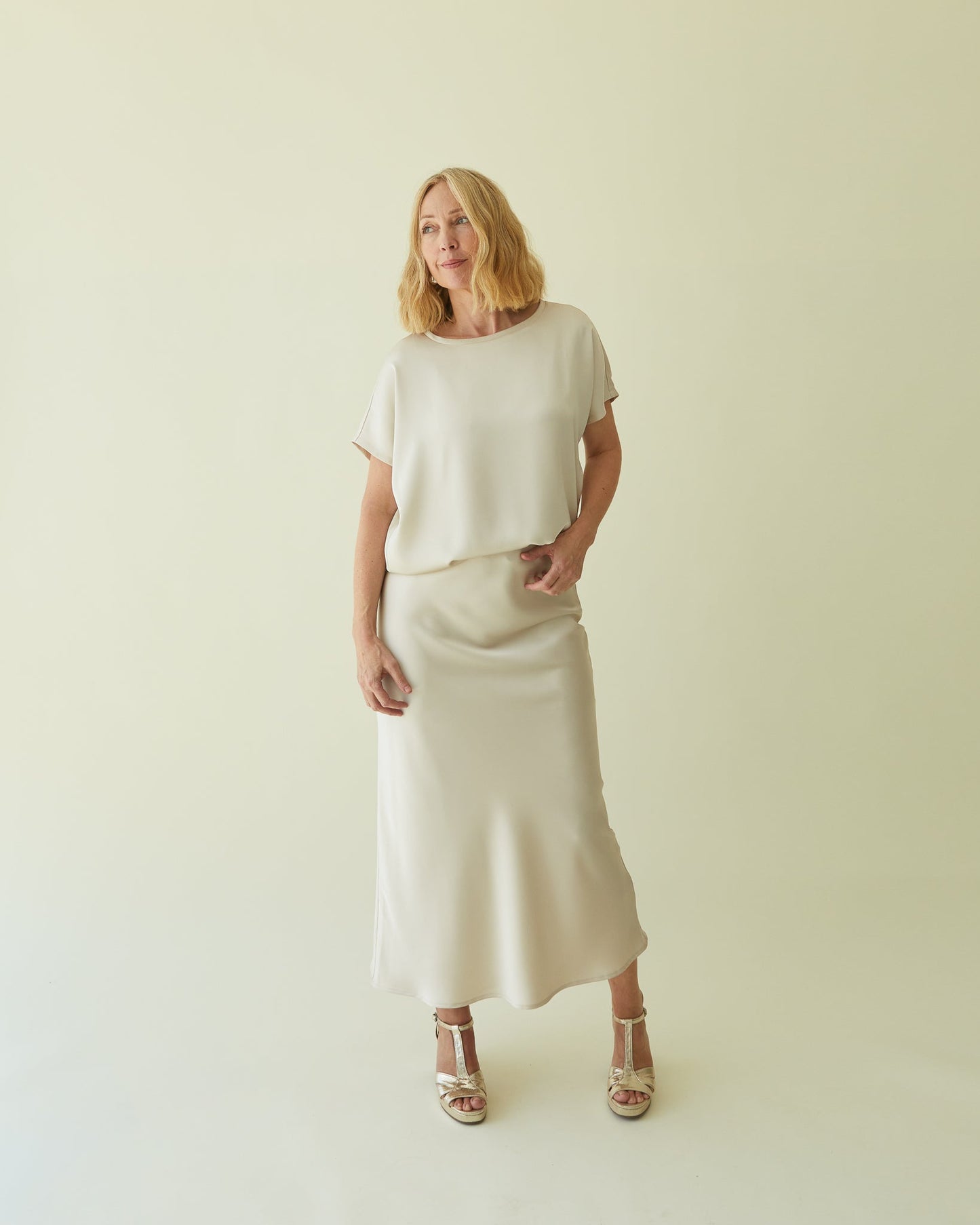 Chalk Maeve Champagne Satin Bias Skirt