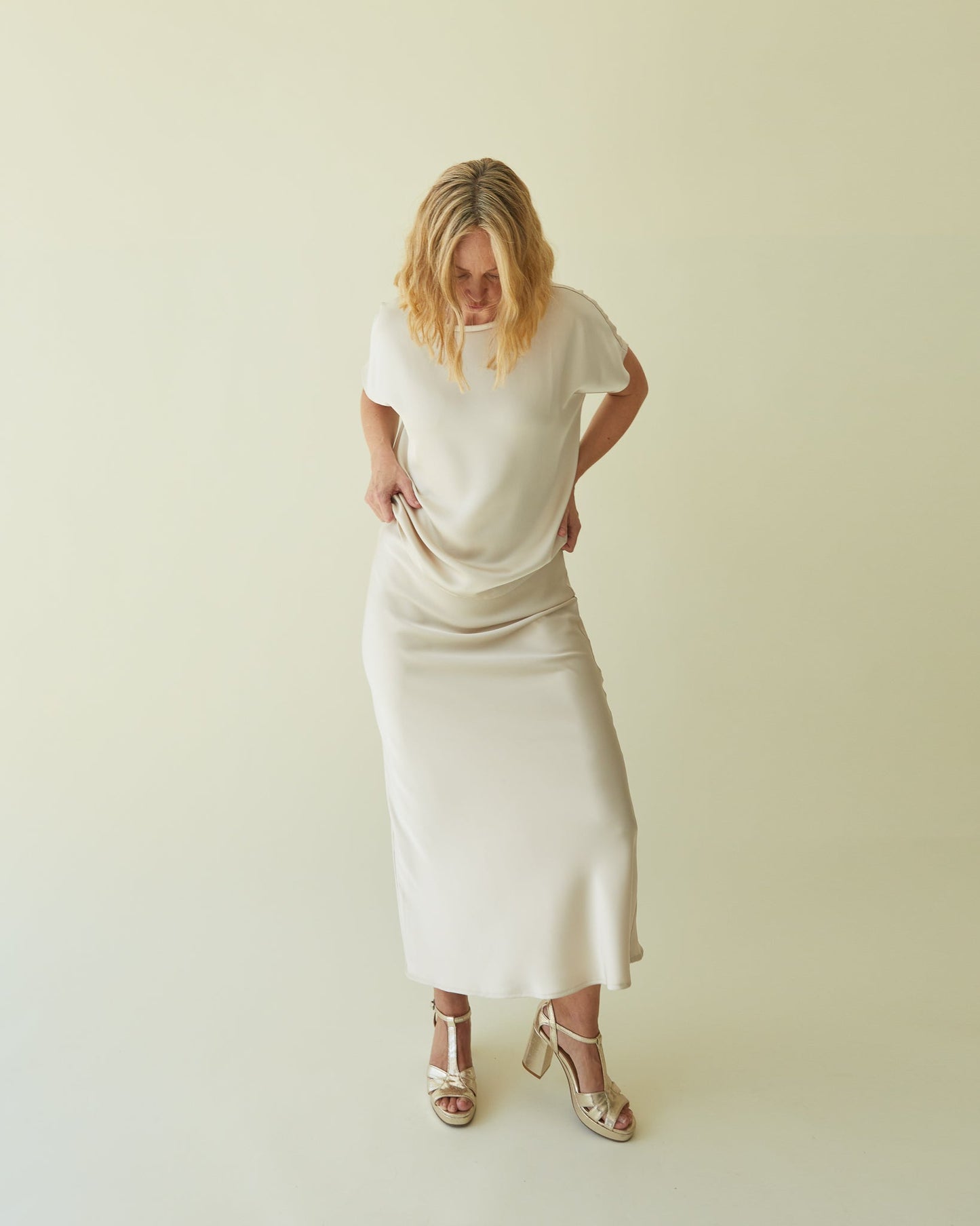 Chalk Maeve Champagne Satin Bias Skirt