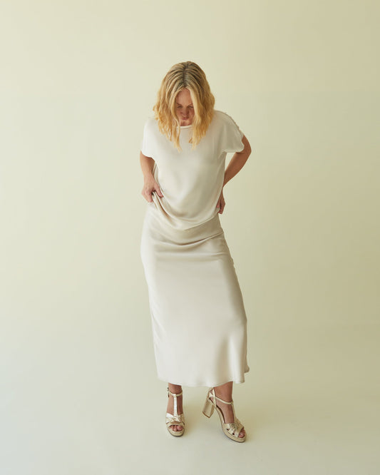 Chalk Maeve Champagne Satin Bias Skirt
