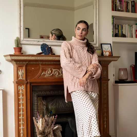Emily Cable Roll Neck Sweater - Dusky Pink