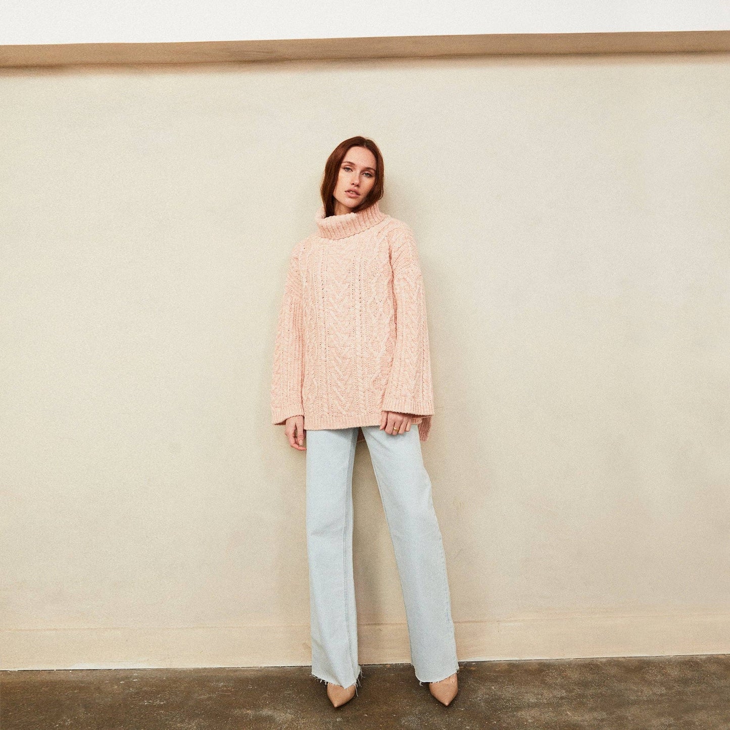 Emily Cable Roll Neck Sweater - Dusky Pink