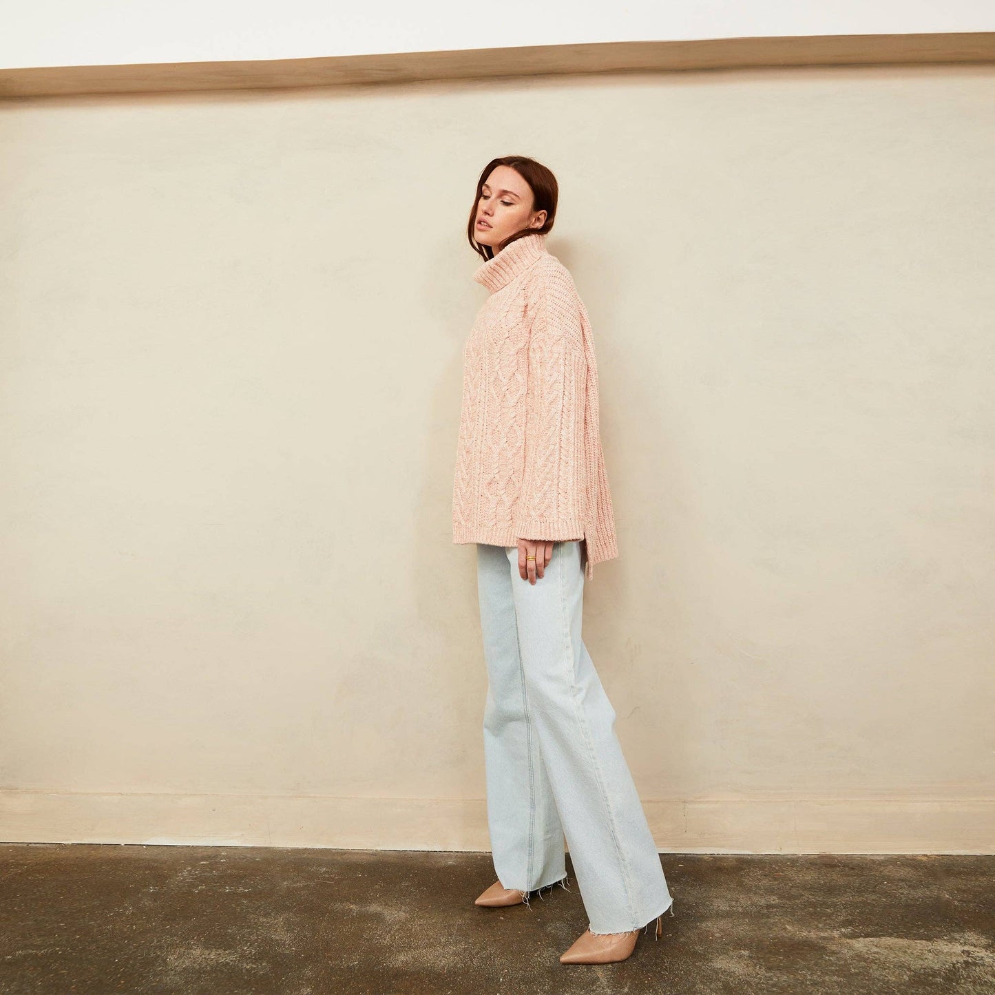 Emily Cable Roll Neck Sweater - Dusky Pink