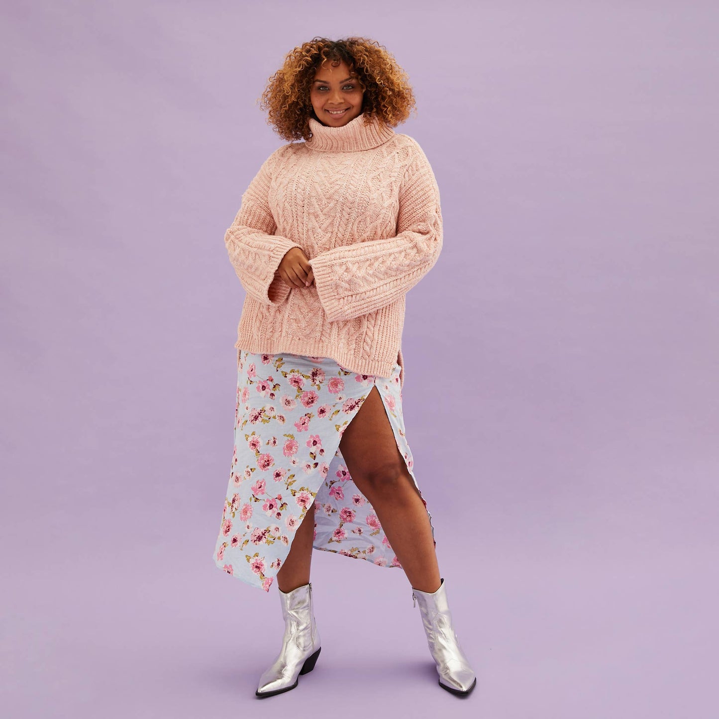 Emily Cable Roll Neck Sweater - Dusky Pink