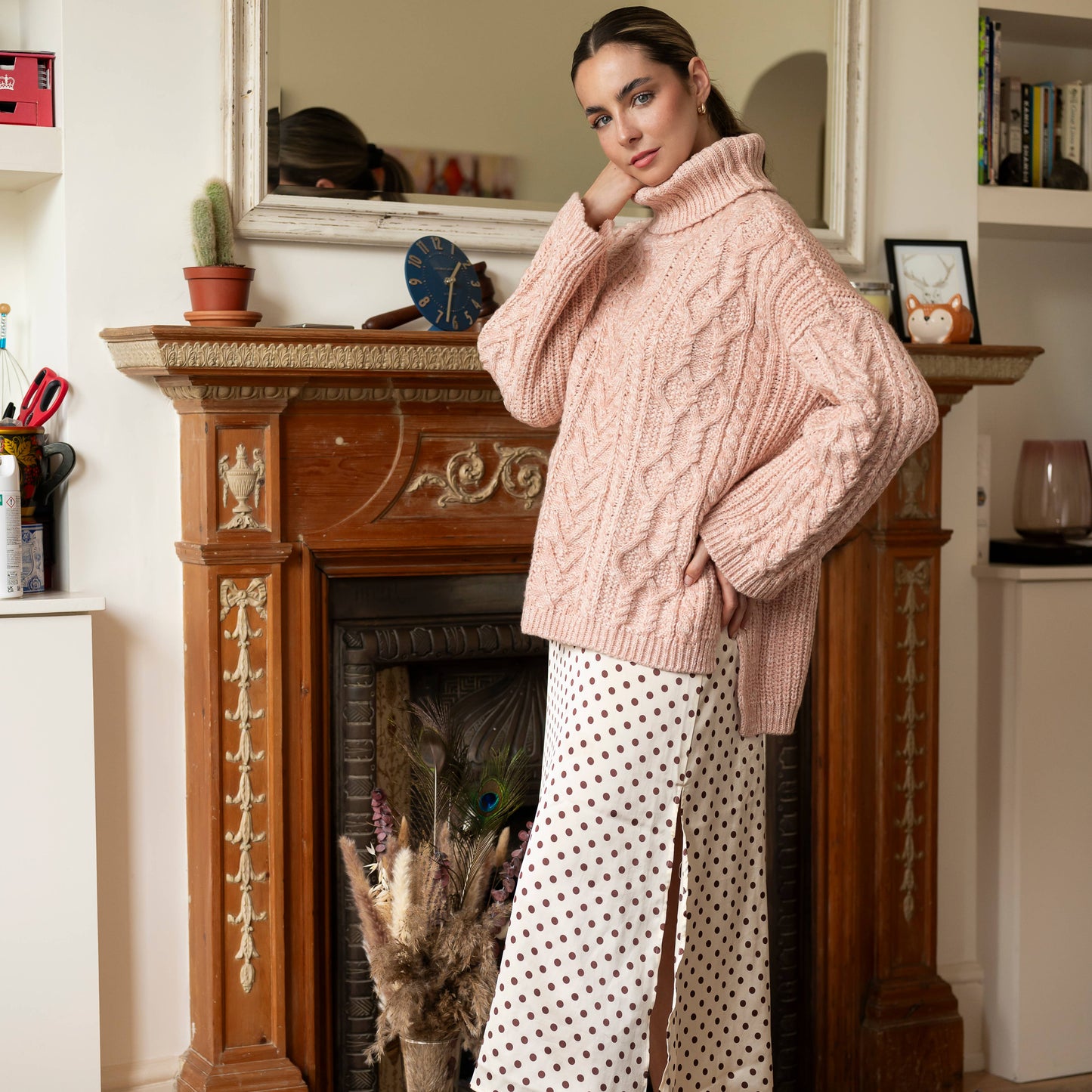 Emily Cable Roll Neck Sweater - Dusky Pink