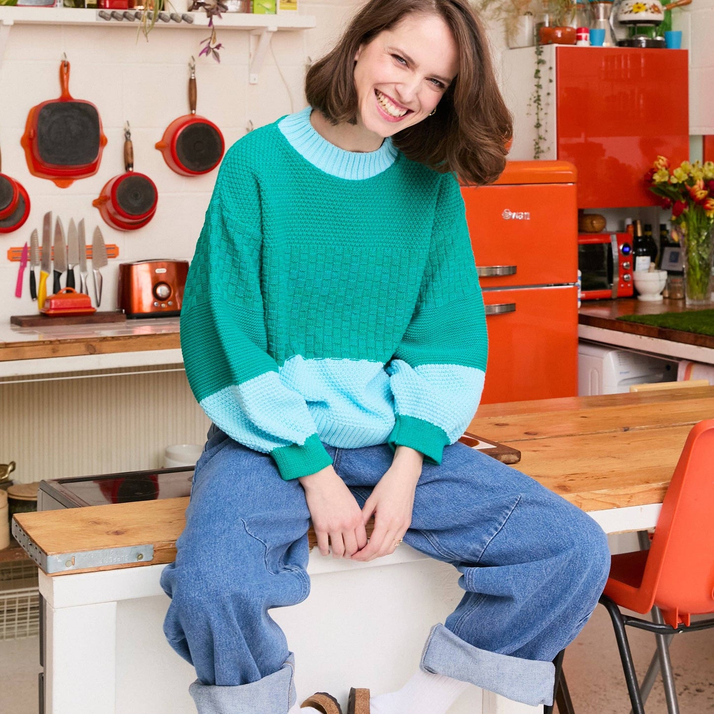 Taz Recycled Cotton Mix Two Tone Jumper - Green Knitwear