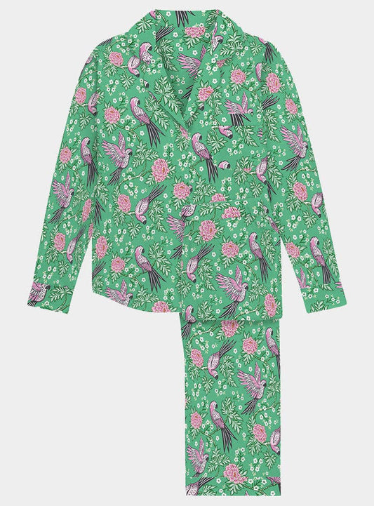 Pink Parrot on Green Women's Satin Pyjama Trouser Set