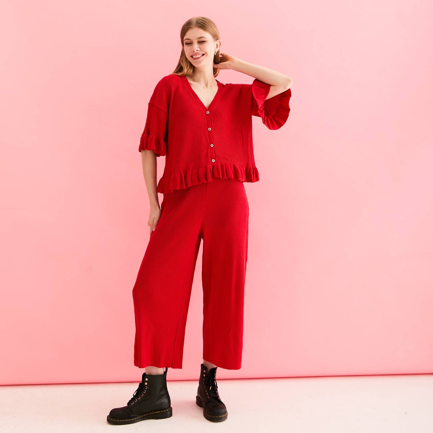 Marlow Ruffle Summer Co-Ord Cardigan - Red | Knitwear