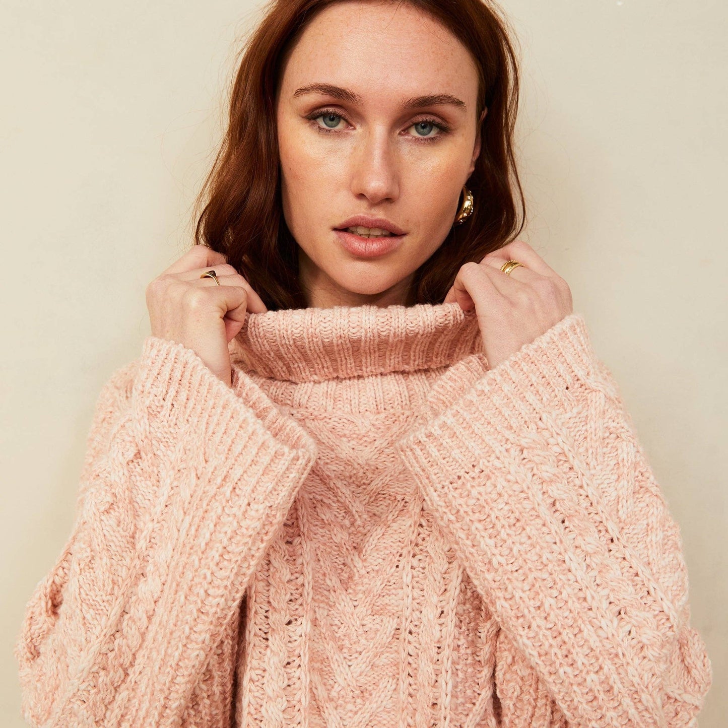 Emily Cable Roll Neck Sweater - Dusky Pink