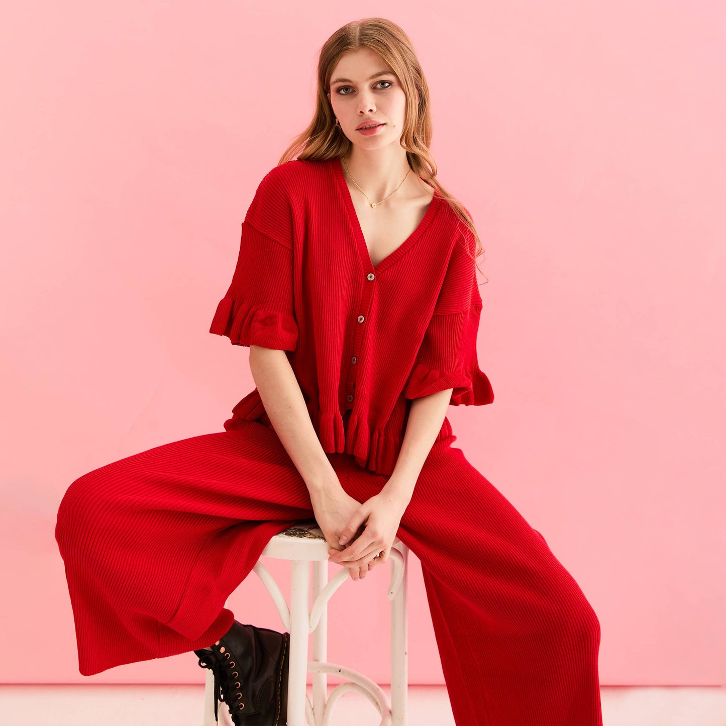 Marlow Ruffle Summer Co-Ord Cardigan - Red | Knitwear