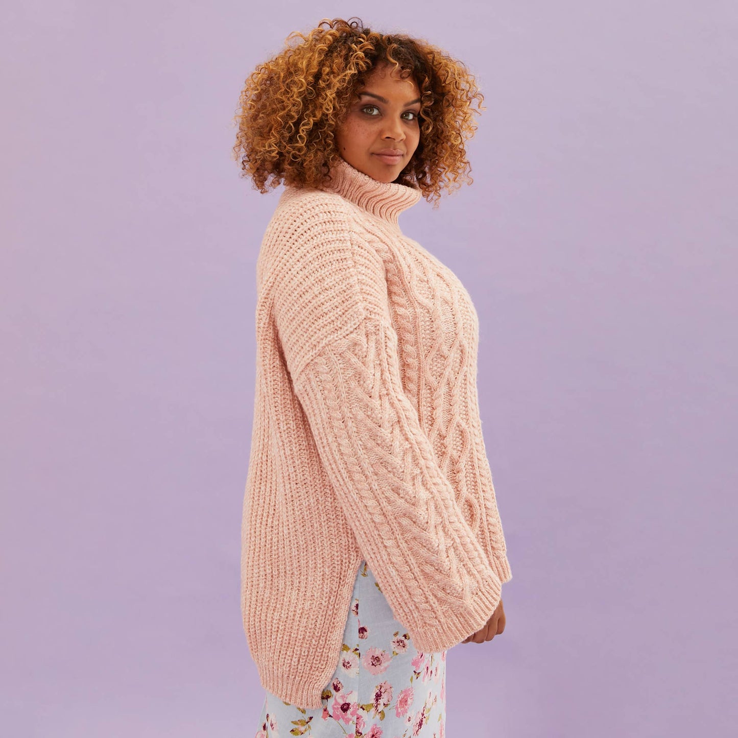 Emily Cable Roll Neck Sweater - Dusky Pink