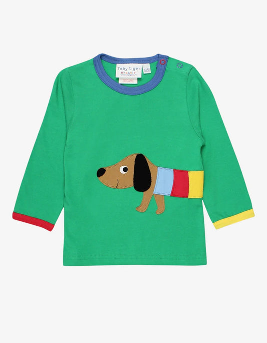 Toby Tiger Sausage Dog Appliqué Green Long Sleeve T-shirt